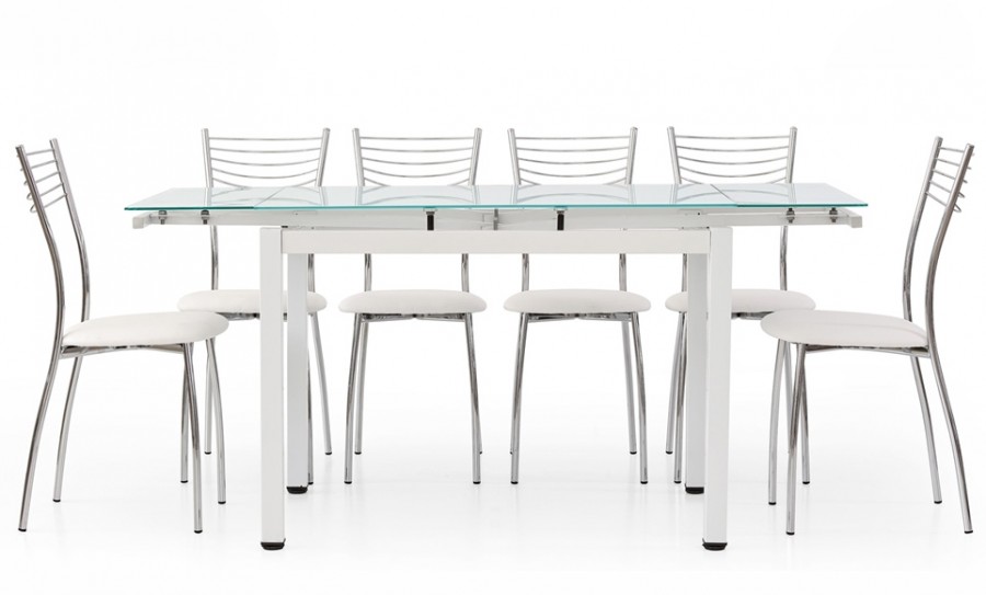 Τραπέζι επεκτεινόμενο modern style με μεταλλικά πόδια και τζάμι σε λευκό ματ 110x70x76 εκ.