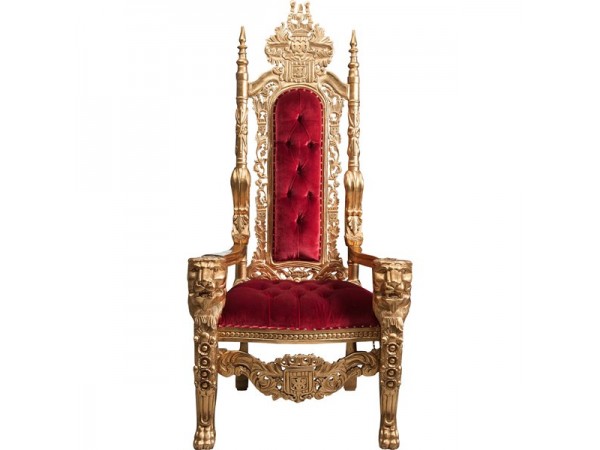 Πολυθρόνα Θρόνος Lord Raffles Lion σε Μασίφ Ξύλο Μαόνι και Κόκκινο Βελούδο κάθισμα σε χρυσό χρωματισμό 88x70x180 εκ. 